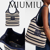新作*MIUMIU*かぎ針編みニット ストライプトートバッグ ロゴ