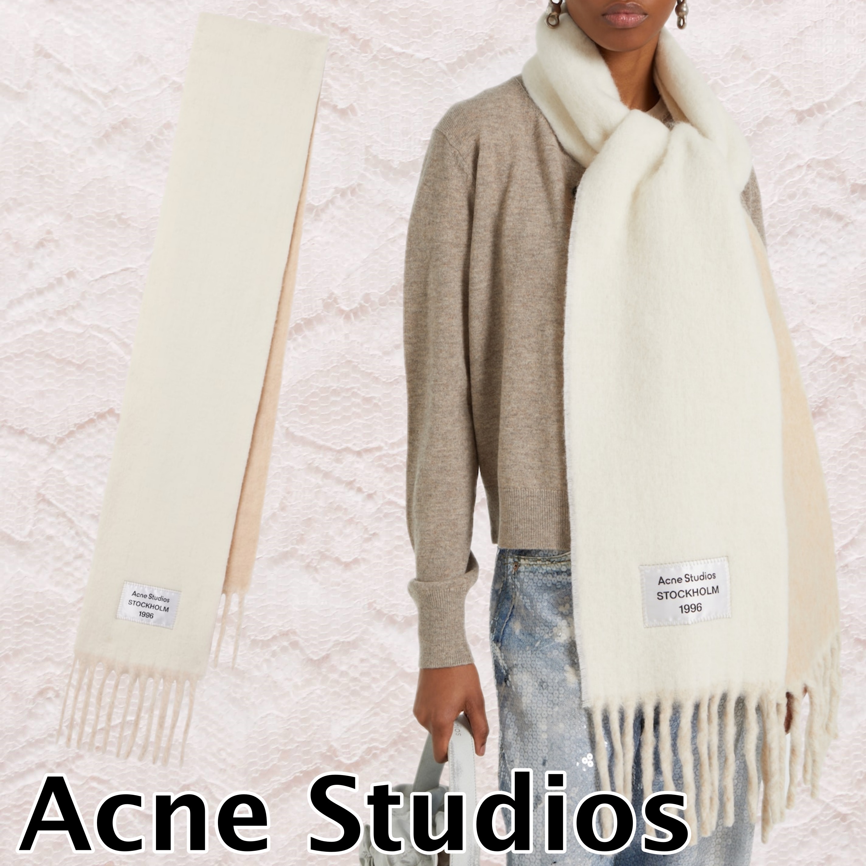 【Acne Studios】ロゴ フリンジ アルパカ&ウール 混紡スカーフ