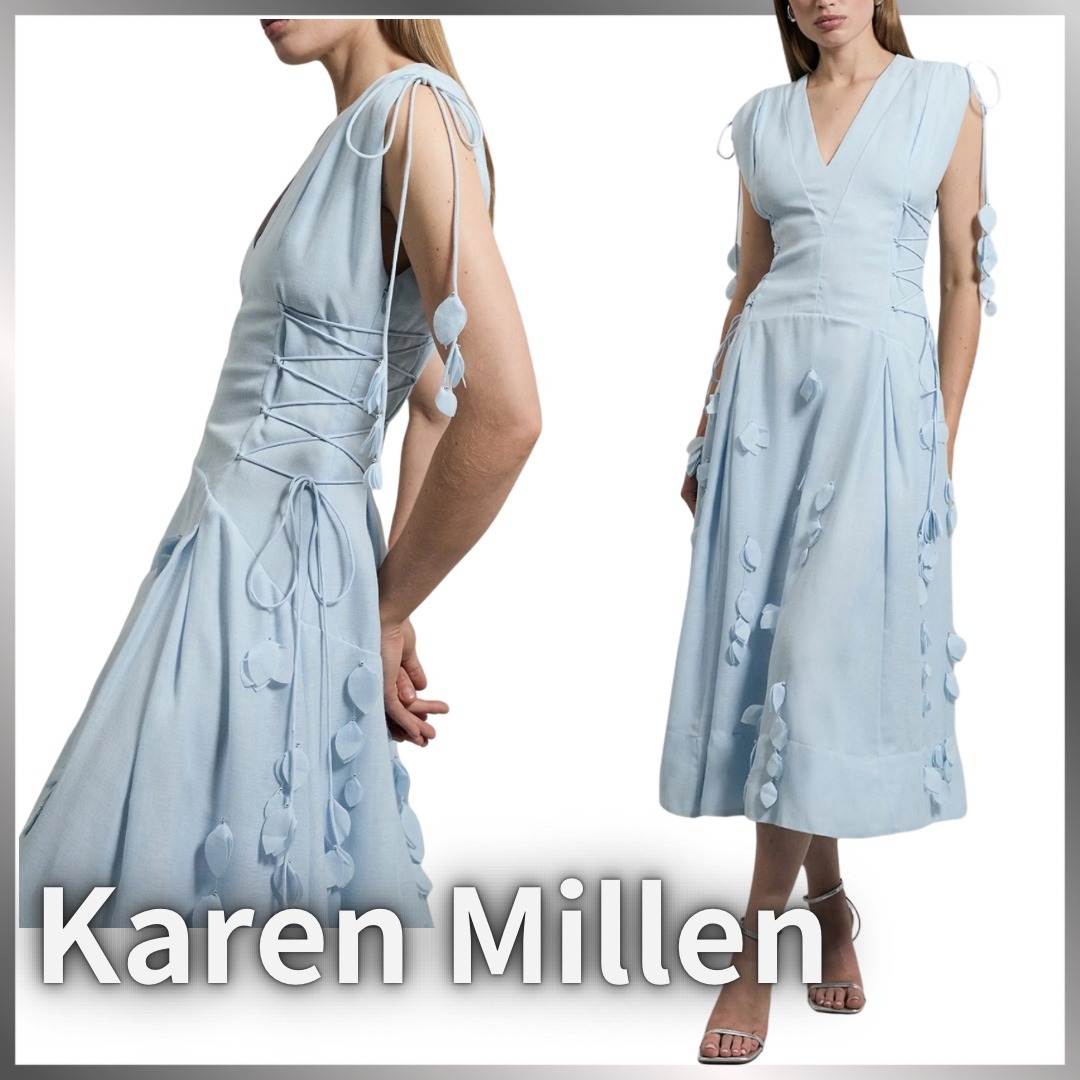 【Karen Millen】アップリケレースアップマキシ織りドレス
