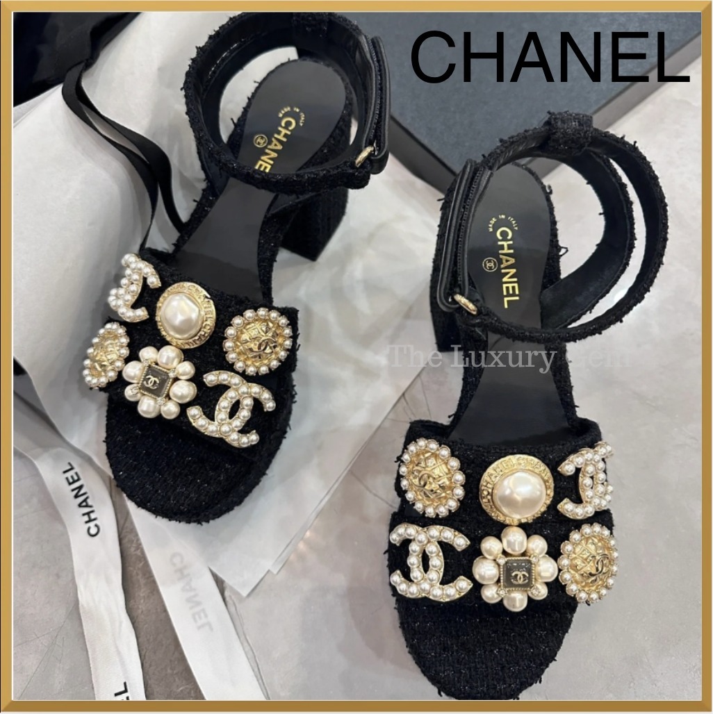 CHANEL サンダル ツイード & メタル ブラック