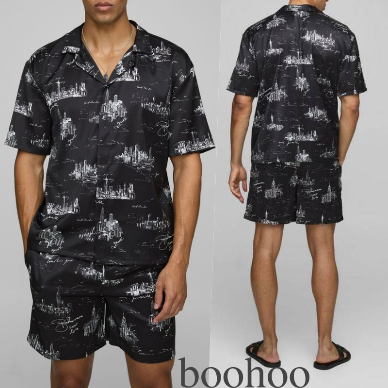 【boohoo】SCENICプリントサテンリビアシャツ＆ショーツセット