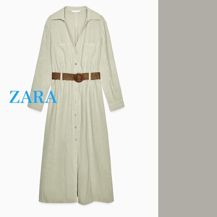 【ZARA】ベルト付きミディ丈ワンピース カーキ | 2843/798/505
