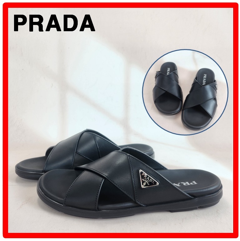 ★人気【PRADA】★レザー クロス オーバー スライド サンダル★