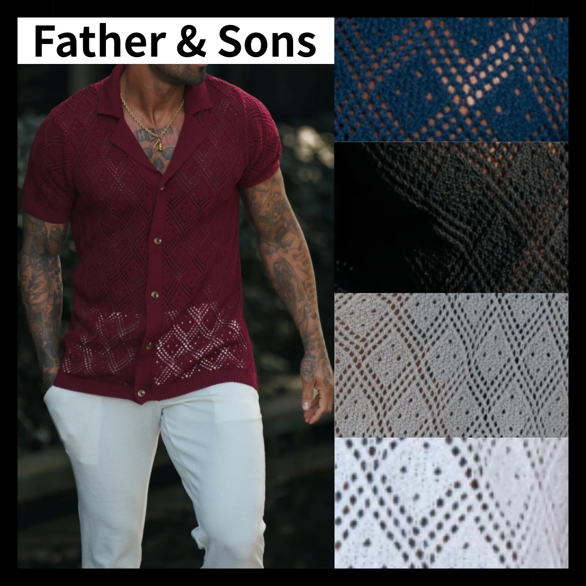 新色【Father & Sons】UK発 クロシェ ボタン 襟付き シャツ 半袖