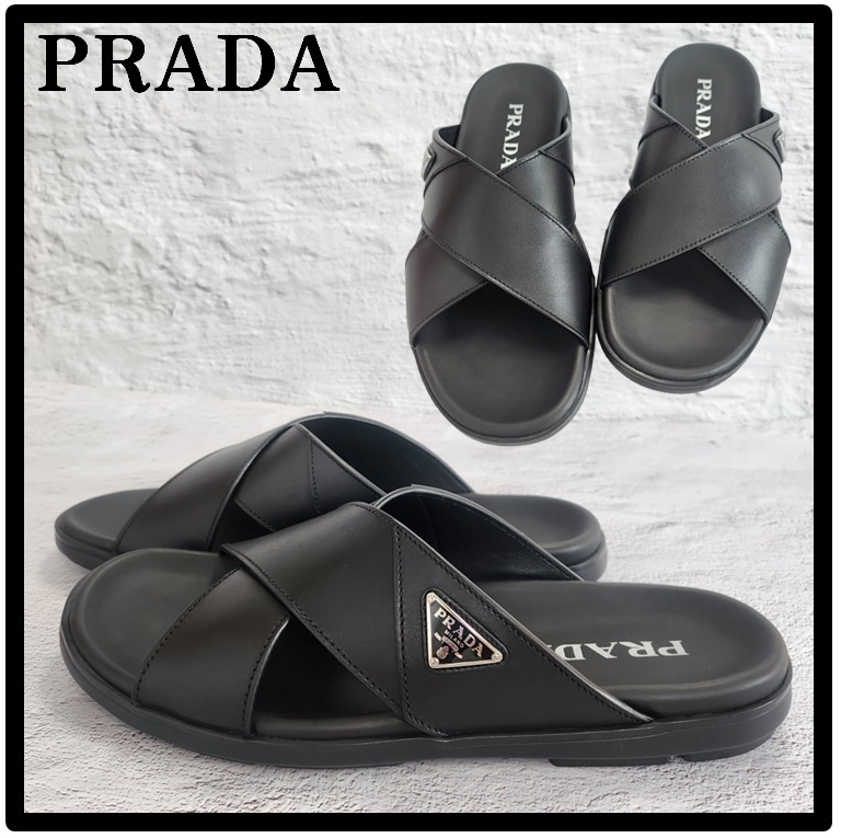 ★送料・関税込★PRADA★ロゴ レザー クロス オーバー サンダル