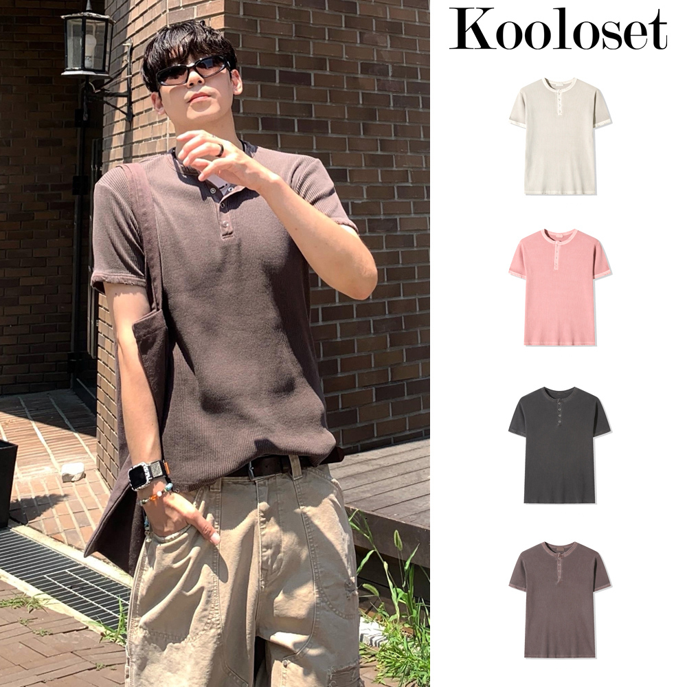 【KOOLOSET】Pigment Ribbed Henley Neck Muscle Tee