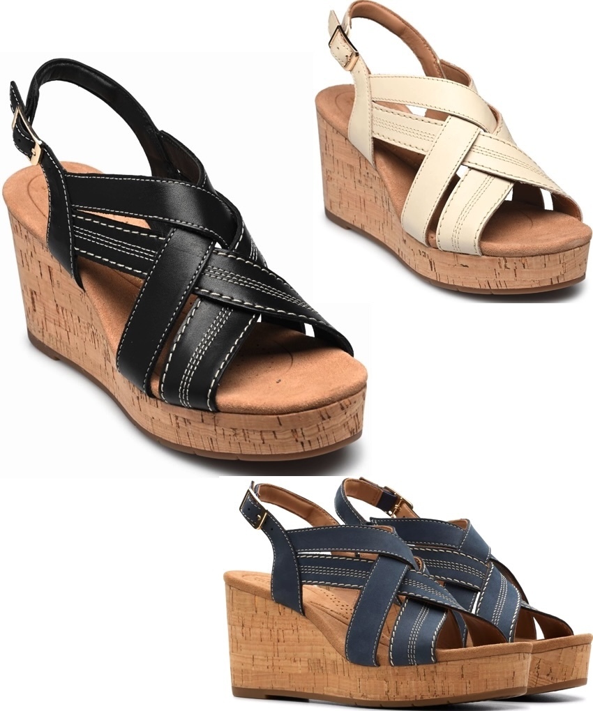 CLARKS ウエッジ ストラップ サンダル ヒール 8cm コルク レザー