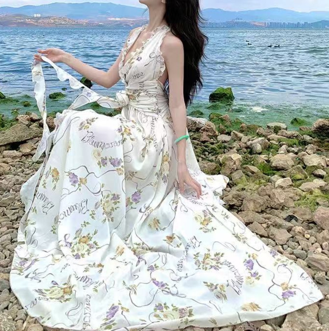 ワンピース オシャレ 花柄 ボヘミア ルーズ バックセクシー