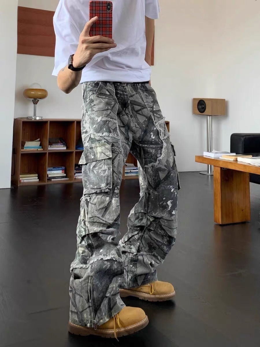 メンズ迷彩デニムストリートパンツ