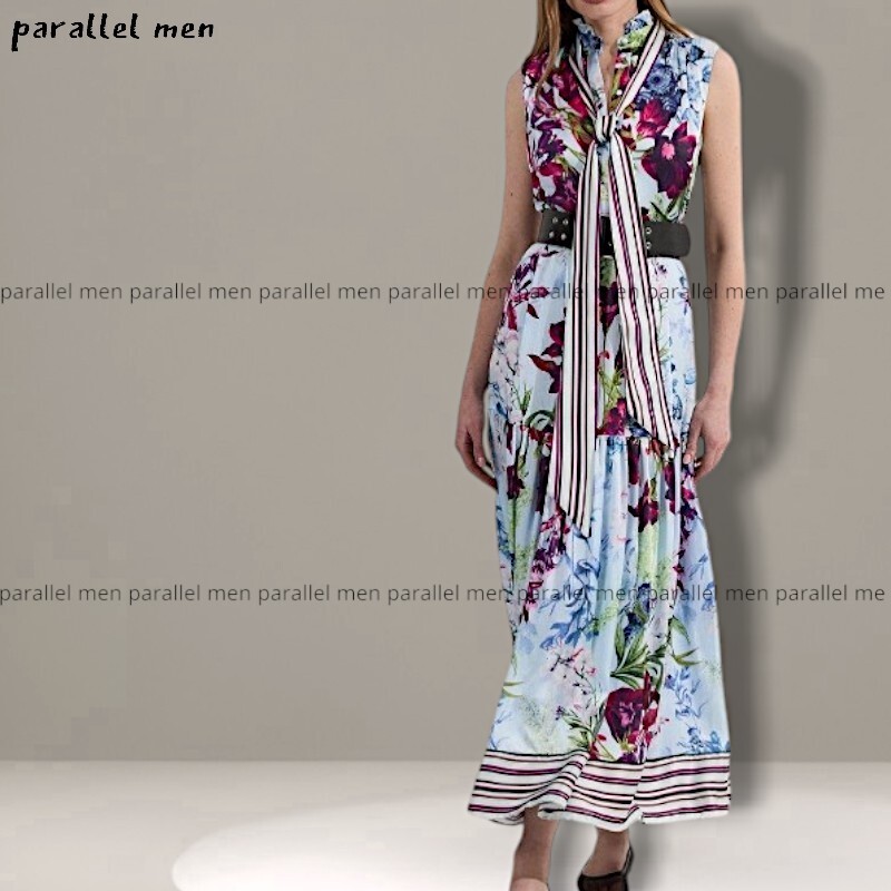 日本入手困難【Karen Millen】花柄 タイネック織り マキシドレス