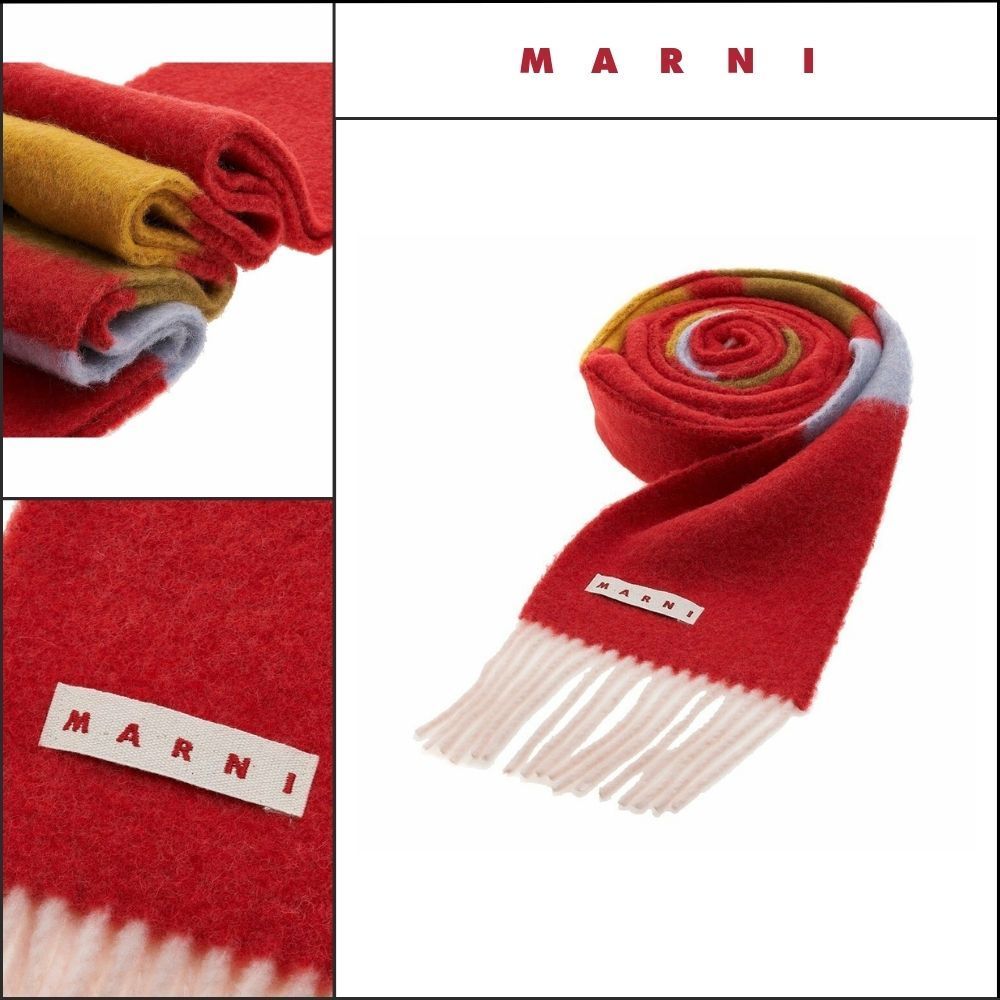 【MARNI】Color Block Long Wool-Alpaca Blend Fringe Muffler