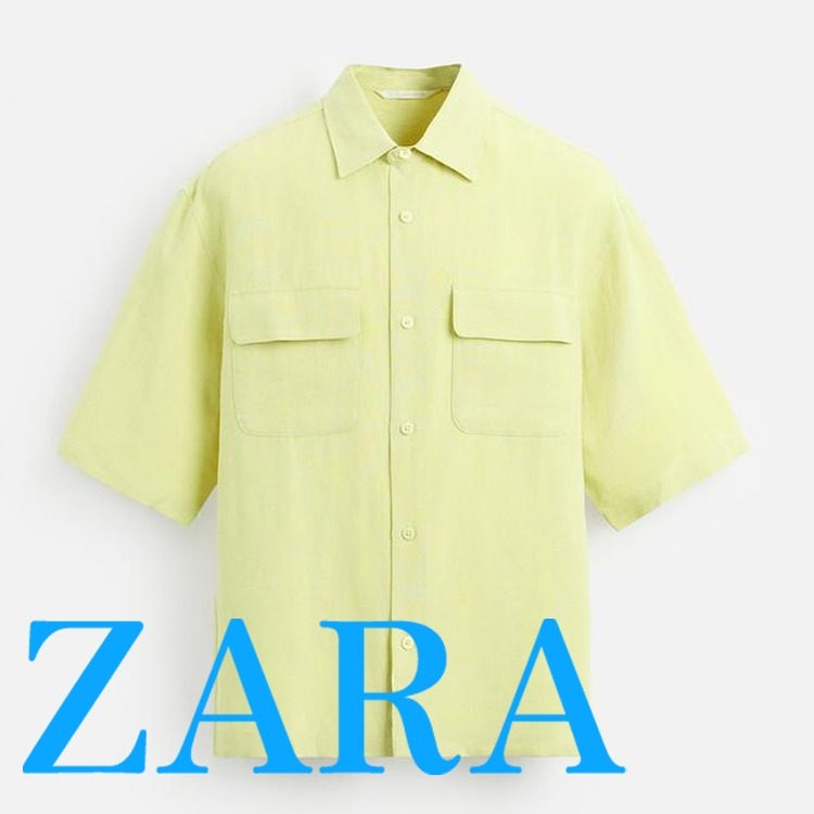 【ZARA】ポケット付きリネン100%シャツ ライム | 1195/204/520
