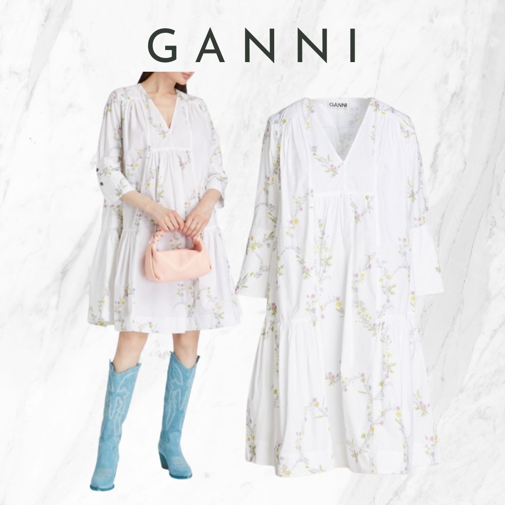 【Ganni】関税込★ホワイト コットン ワンピース ギャザー 花柄