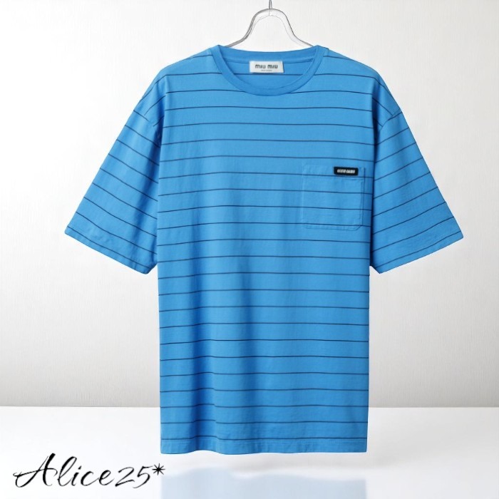 MiuMiu /ストライプ ジャージー Tシャツ 半袖 カジュアル ロゴ