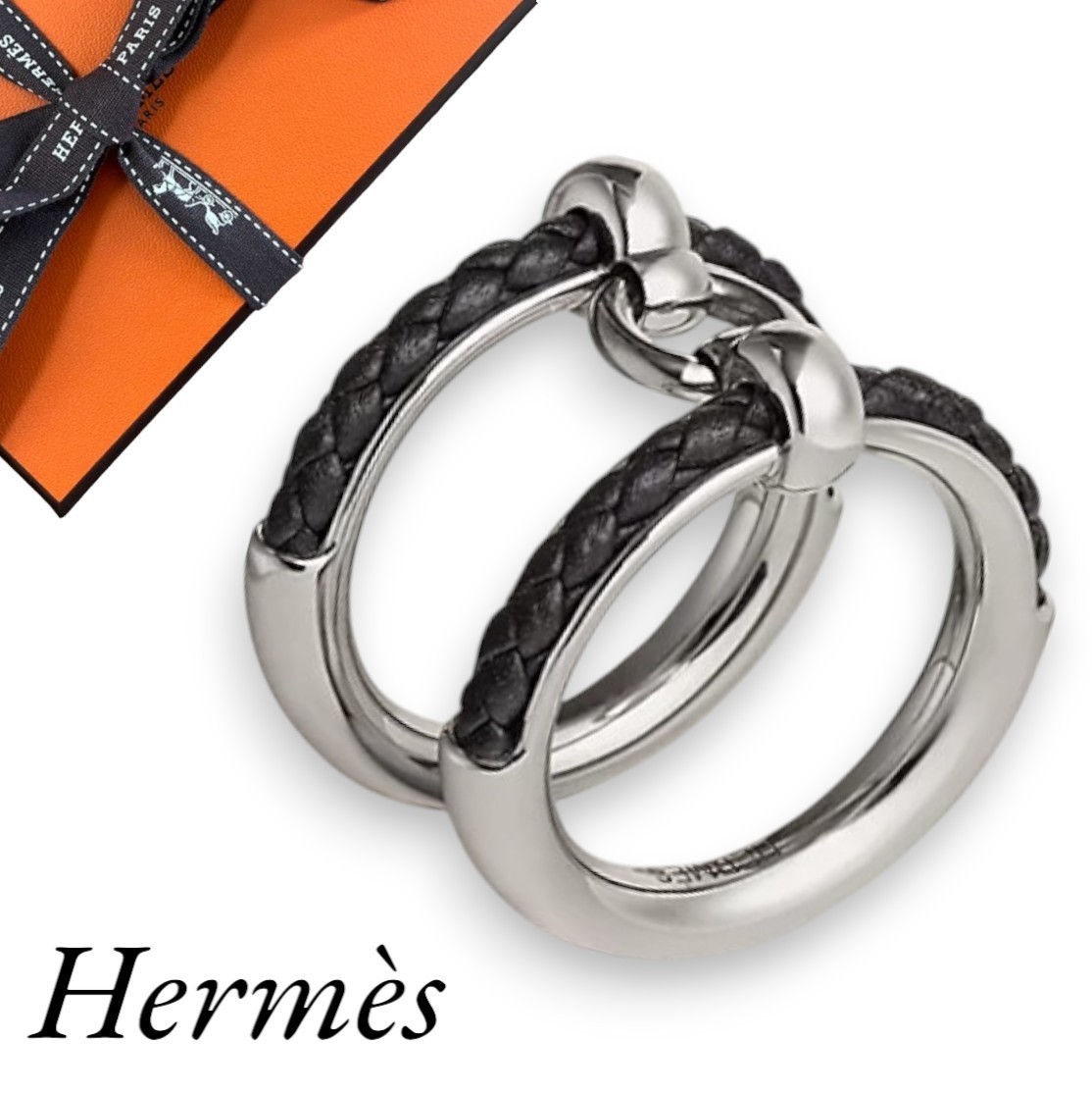 メタルとレザーの編み込み【HERMES】フリブスティエ リング