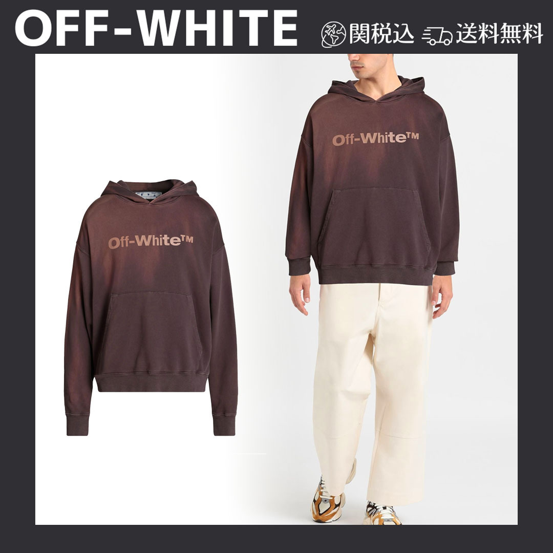 スウェット【OFF-WHITE】関税込送料無料 色あせ加工 フード 無地