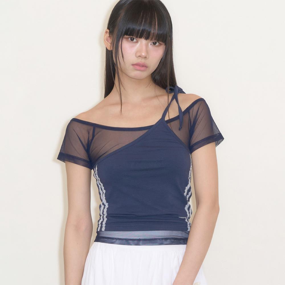 ★ILLIGO★ Mesh Sheer Layered Tee Navy