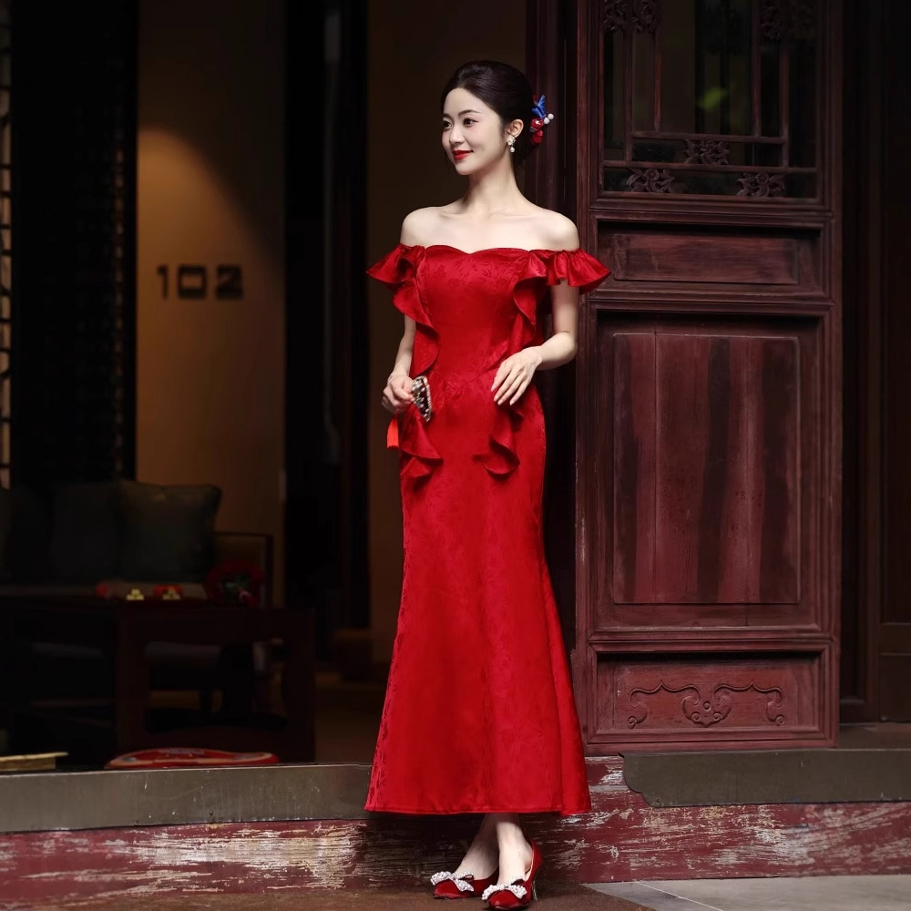 レッド パーティードレス ビジュー フレア 結婚式 ロング 韓国