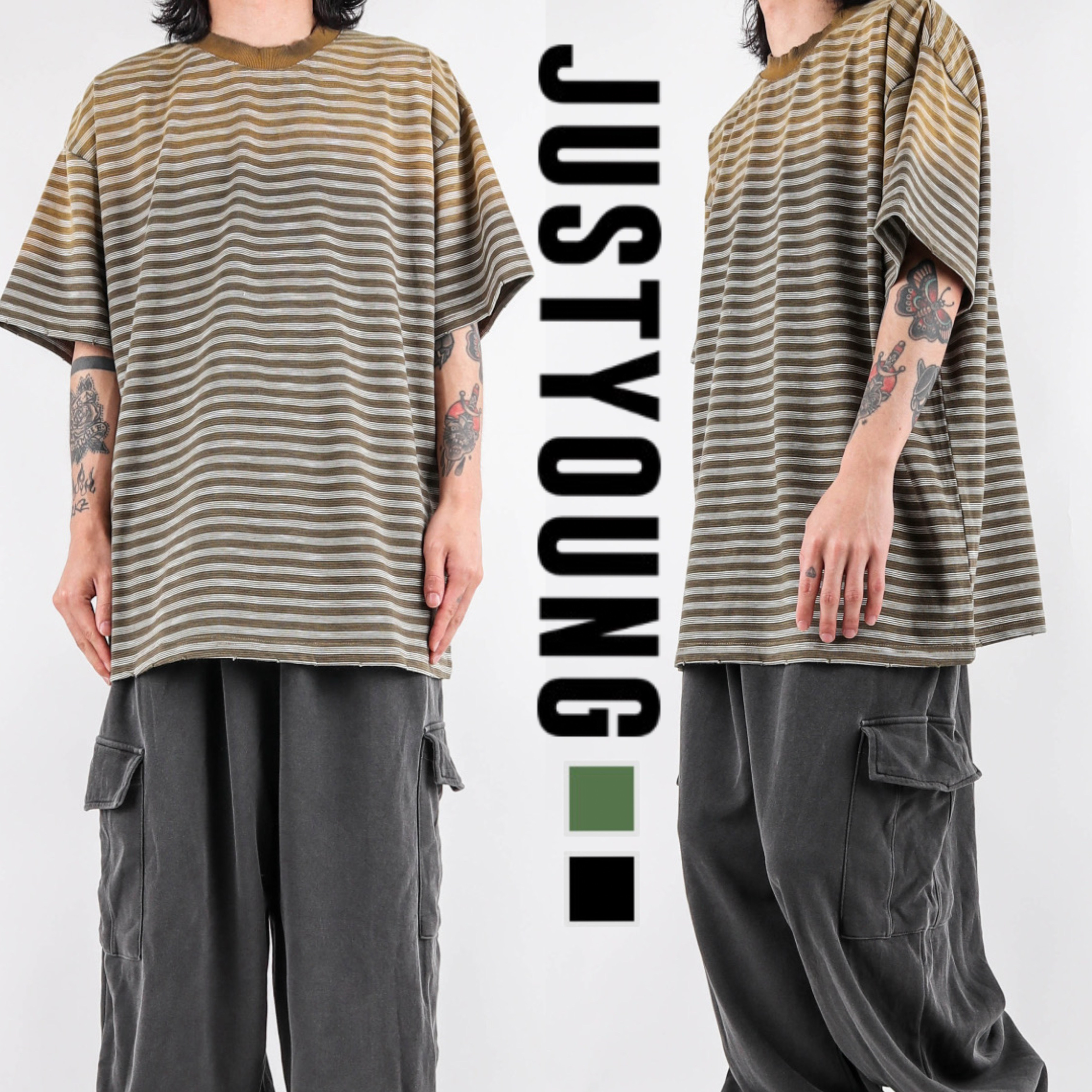 韓国発【JUSTYOUNG】AP Grunge Striped Short Sleeve Tee/2color