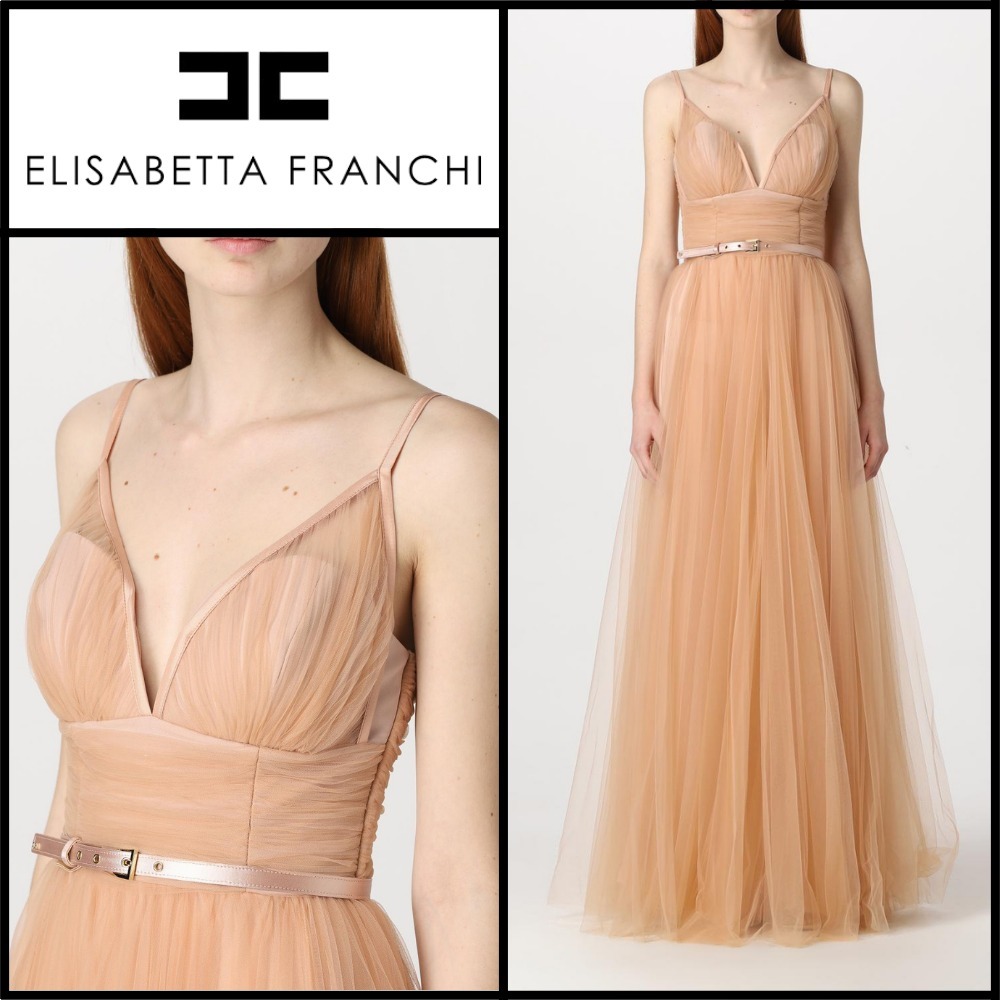【ELISABETTA FRANCHI】Long Tulle Dress With Belt Pink