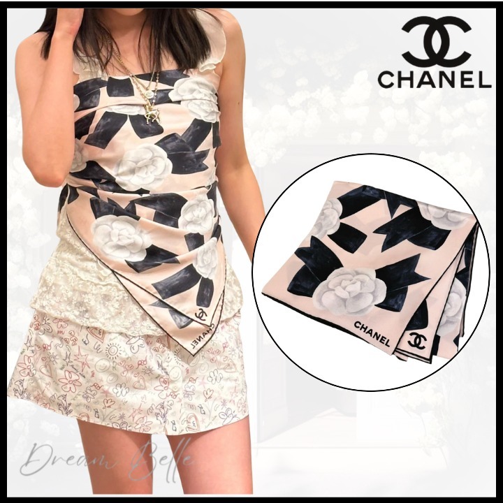 【上品で可愛い♡カメリア×リボン柄】CHANEL スカーフ
