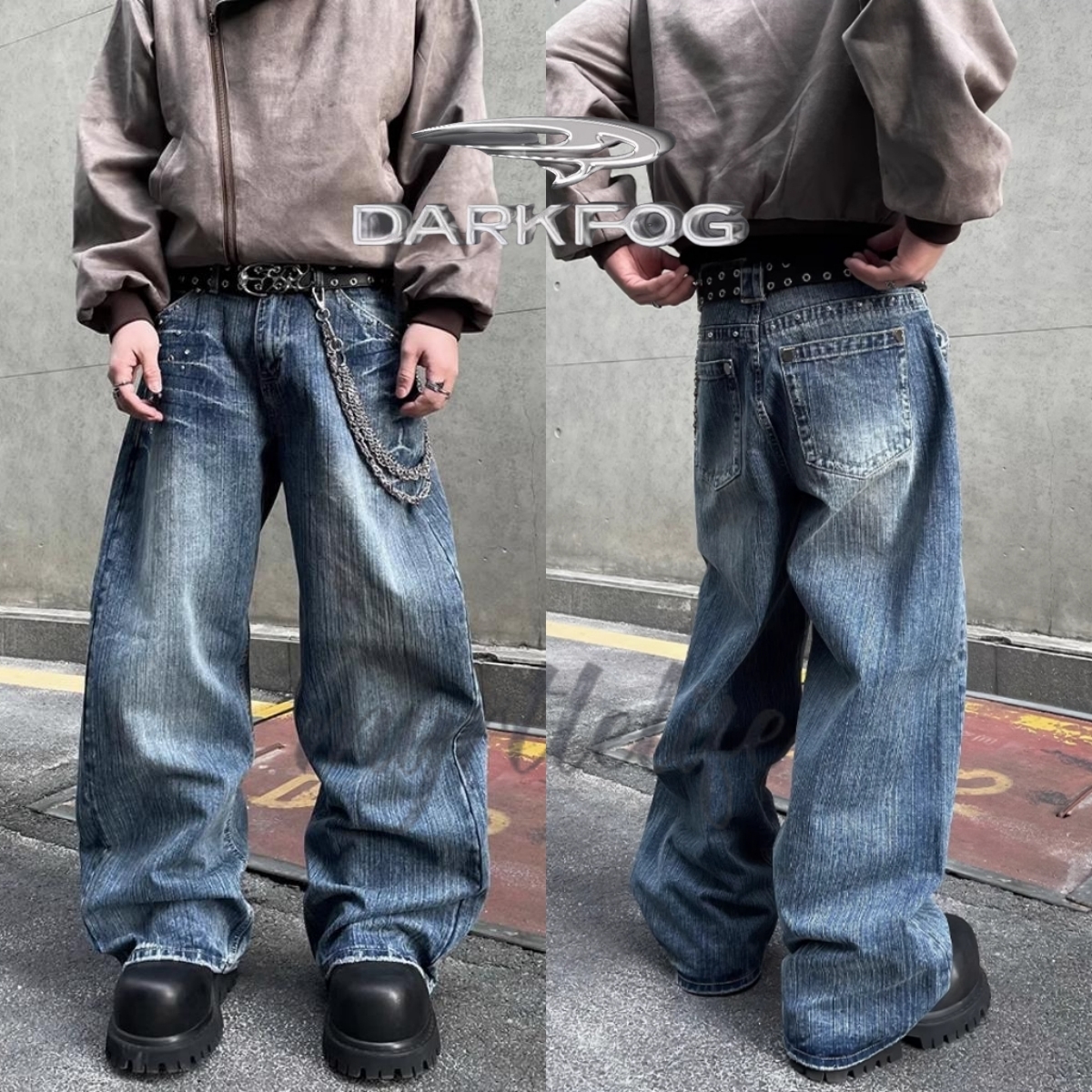 DARKFOG★Vintage washed rhinestone design jeans DF61