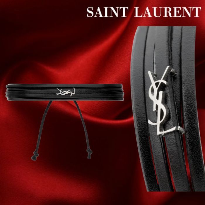 SAINT LAURENT◎シルバーアクセ レザーコード ブレスレット 黒