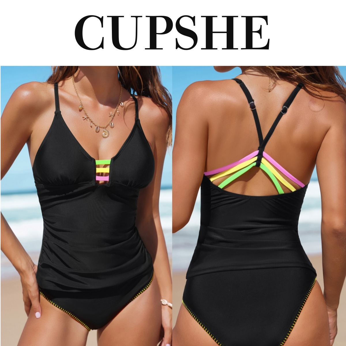 【国内送関税込】CUPSHE ネオンストリーク タンキニ セット 水着
