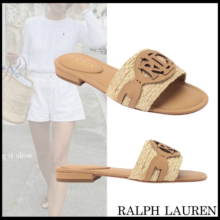 ◆RALPH LAUREN◆ALEGRA ラフィア&レザー ロゴ フラットサンダル