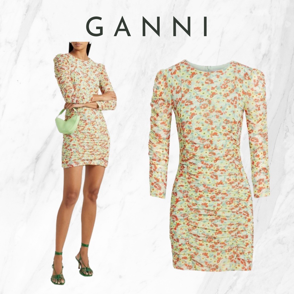 【Ganni】関税込★グリーン ミニワンピース ルーシュ入り 花柄