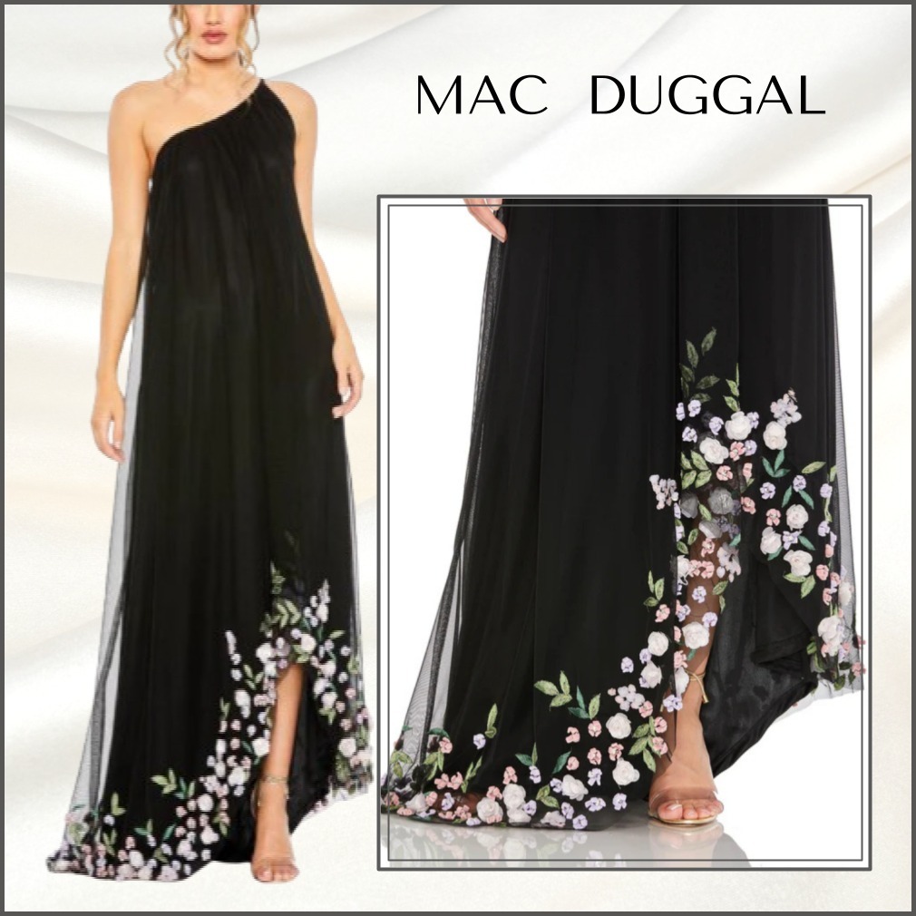 関税送料込【MAC DUGGAL】ロング ドレス ハイロー 花柄 ブラック