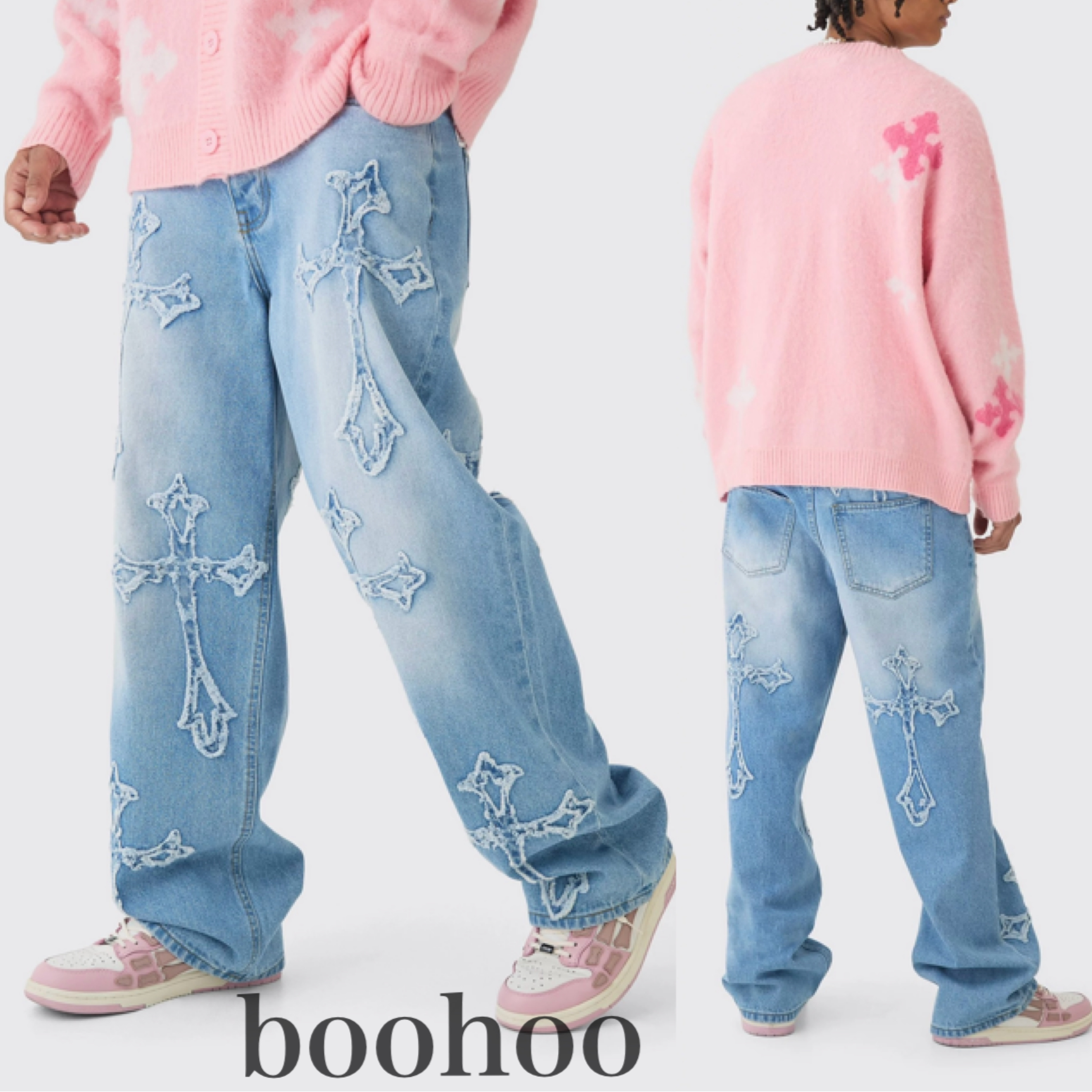 【boohoo】バギーリジッドクロスアップリケジーンズ