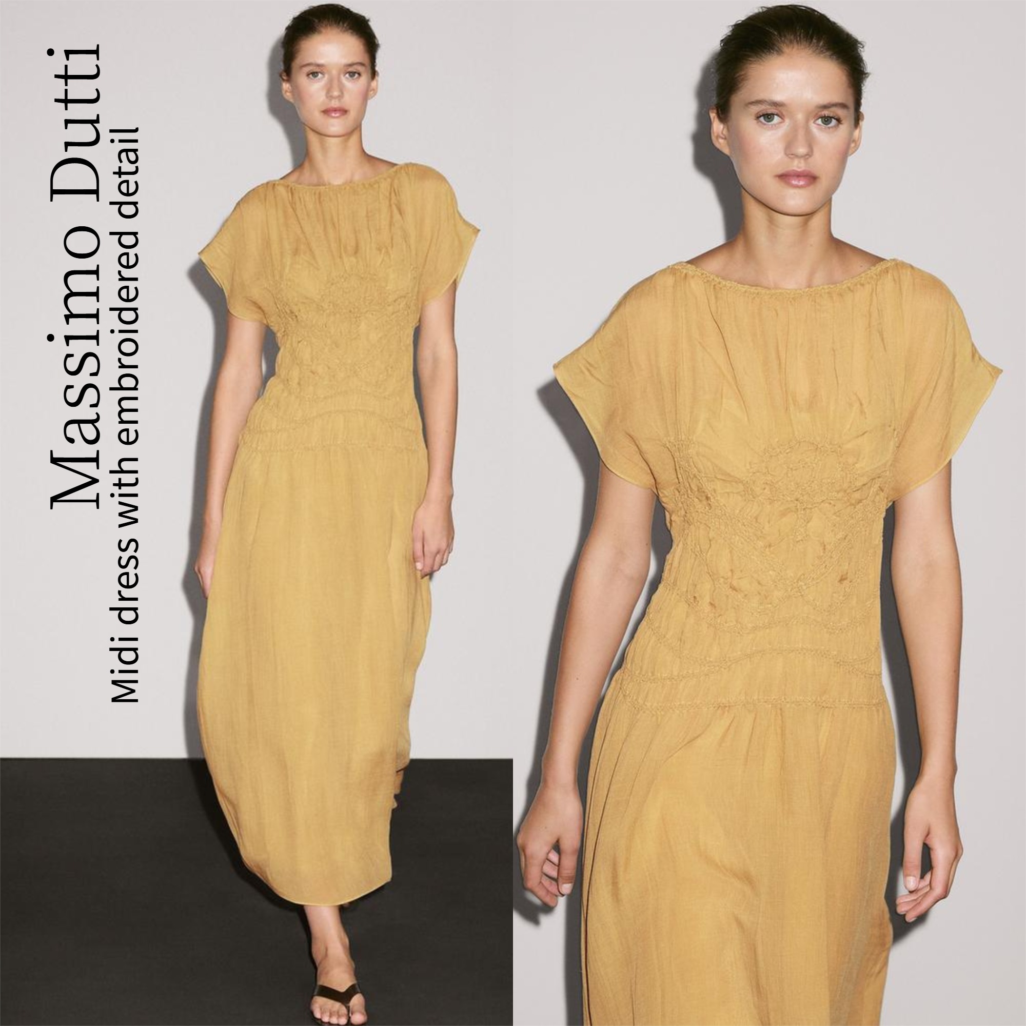 【Massimo Dutti】Midi dress with embroidered detail