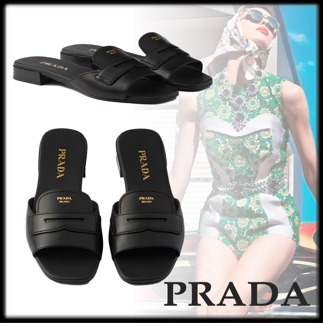 PRADA お洒落 洗練 ブラック レザー スライドサンダル