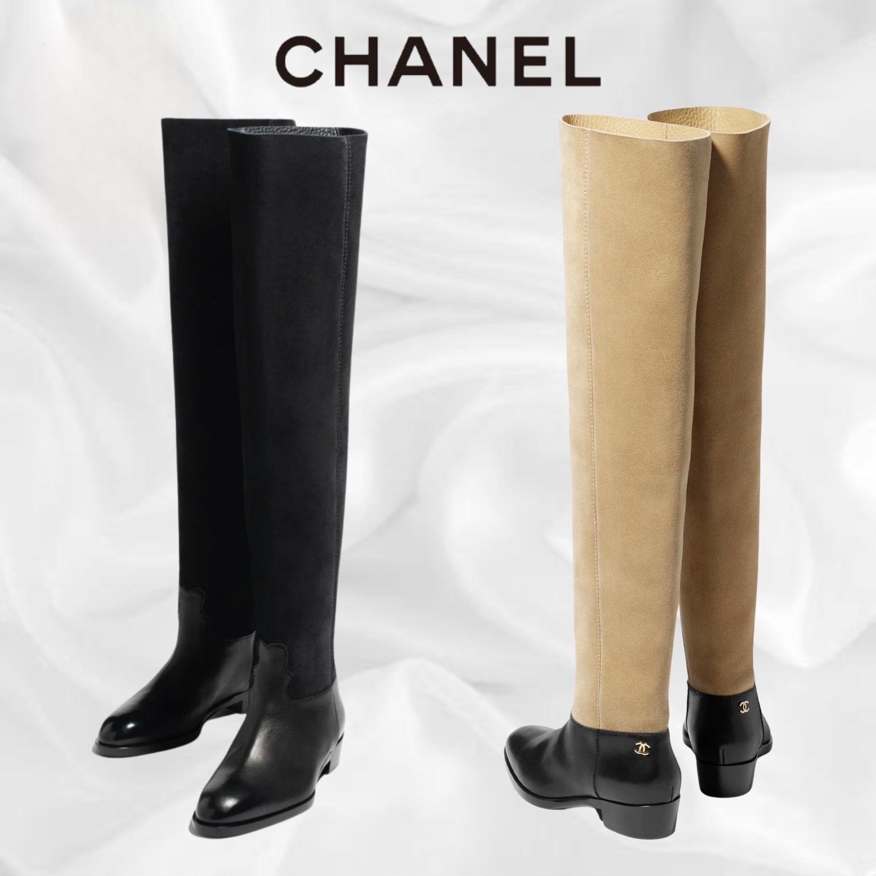 【CHANEL】サイハイ ブーツ ベルベット ココマーク 脚長効果◎