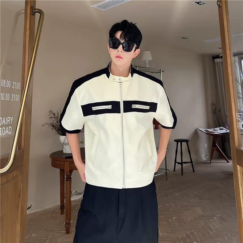 バイカラー ジップ 半袖 ジャケット カットソー 韓国 モノトーン