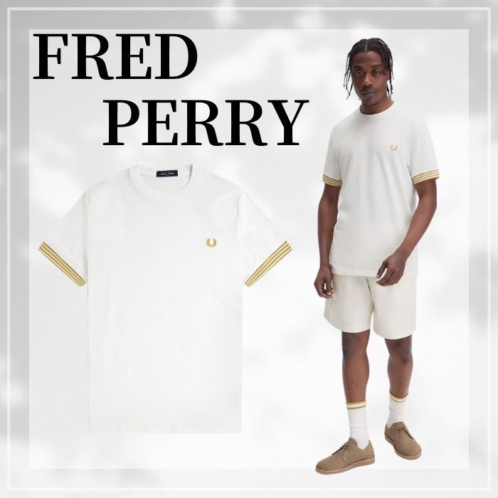 FRED PERRY☆ Striped Cuff T-Shirt SNOW WHITE