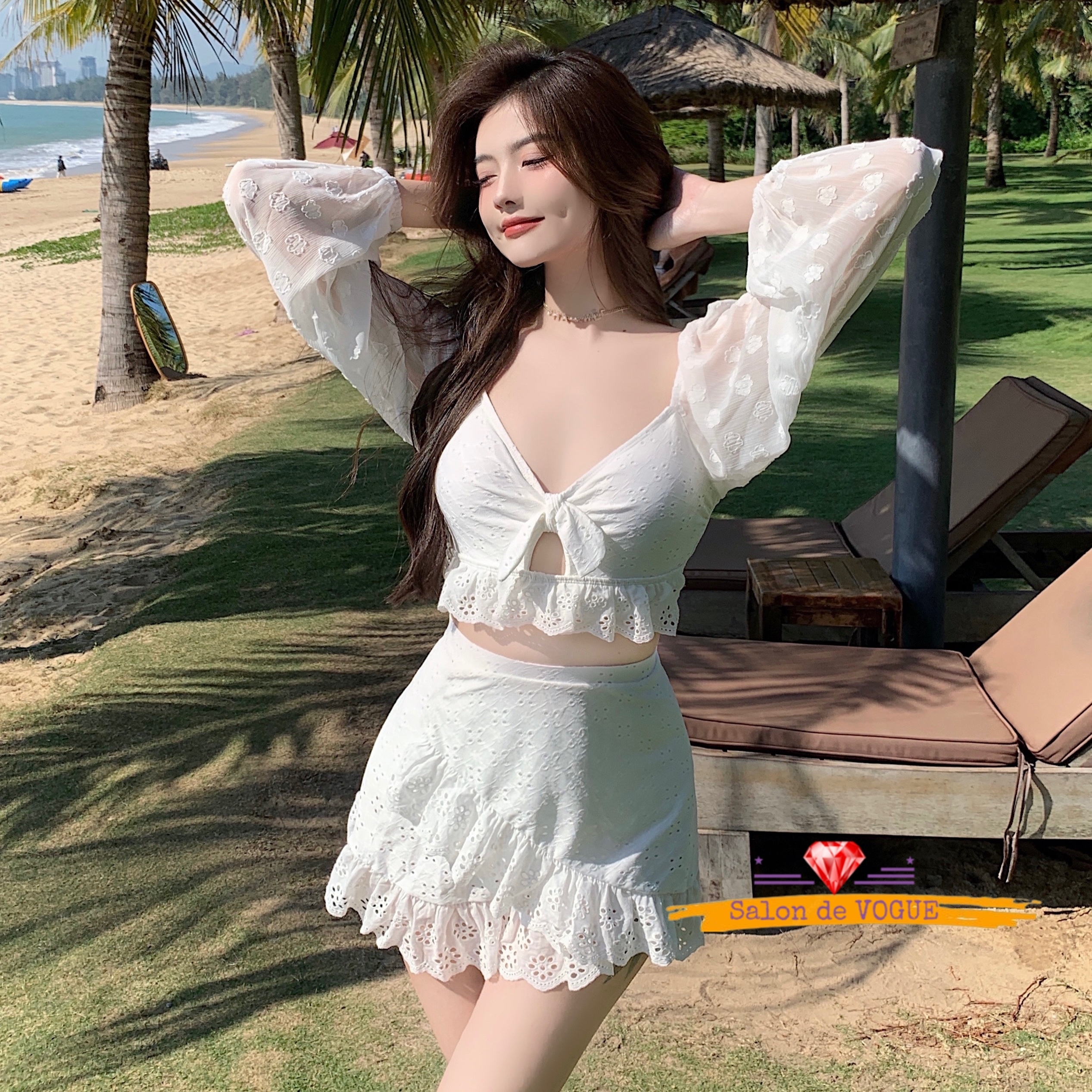 水着 タンキニ ビキニ レース ミニスカート 長袖 バックレス