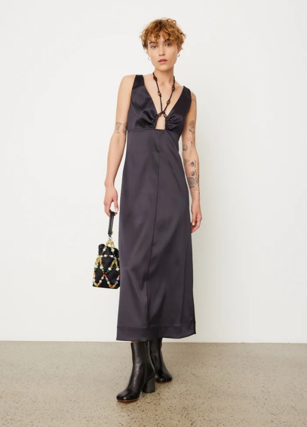 “GANNI” ダブルサテンホルターネックドレス Black