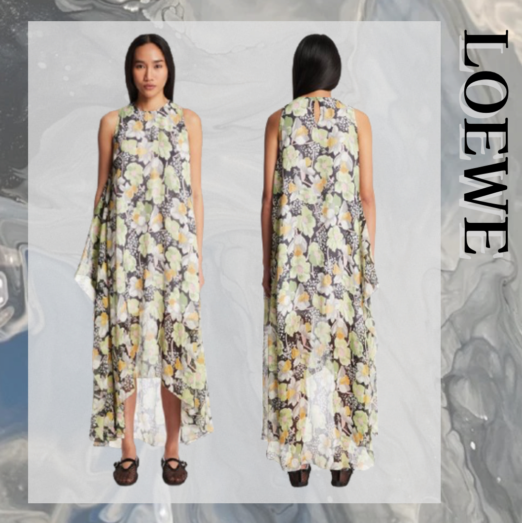 LOEWE シルク ノースリーブ ドレス ワンピース 花柄 グリーン