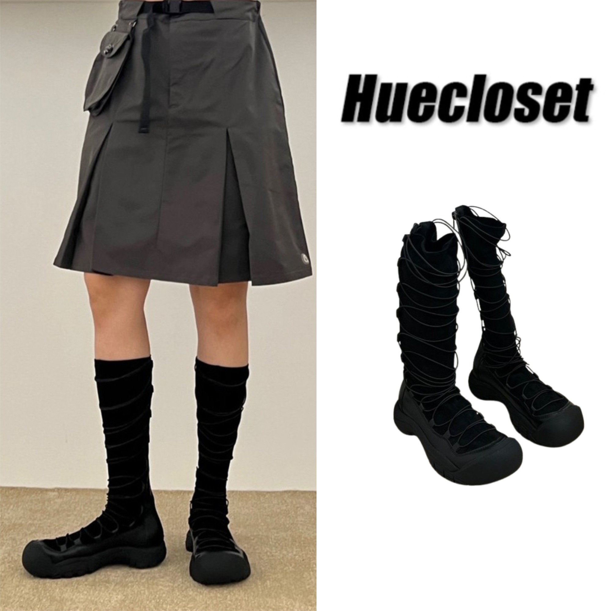 ロングブーツ HUECLOSET Deep Black String Long Boots
