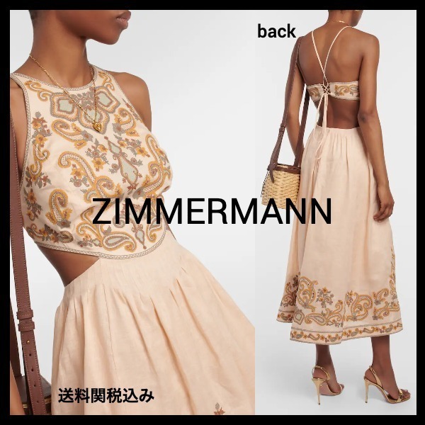送料関税込み★ZIMMERMANN★Devi 刺繍入りリネンミディドレス