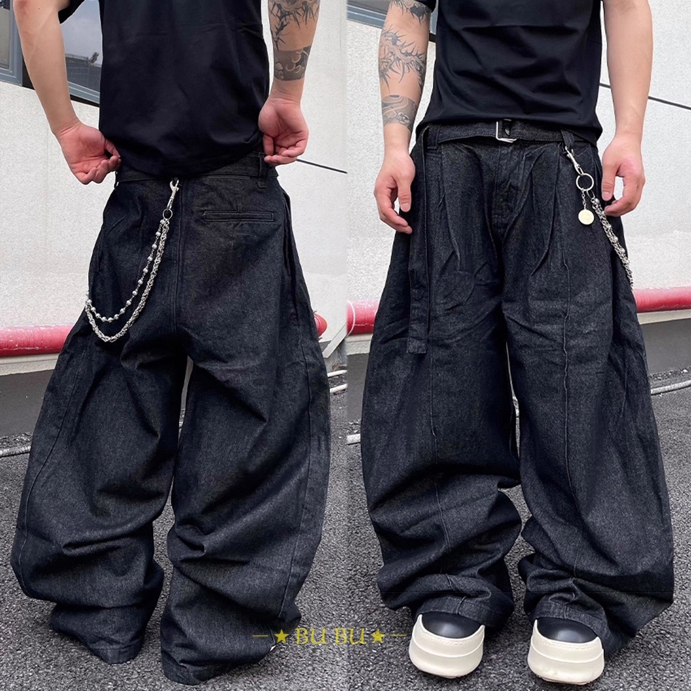 DARKFOG ストリート デニム ワイド ロングパンツ 大人気