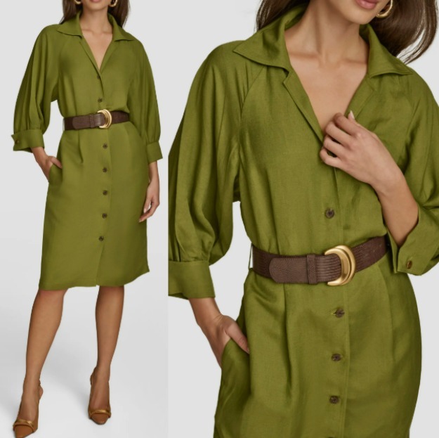 Donna Karan ベルト付きリネンブレンドシャツワンピース