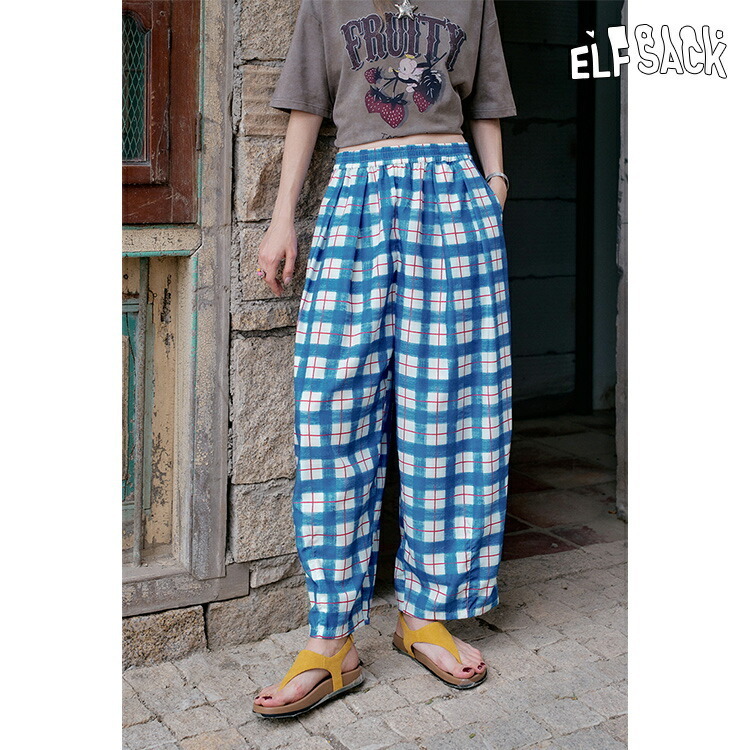 ELFSACK パンツ ズボン ボトムス チェック柄 ワイドパンツ