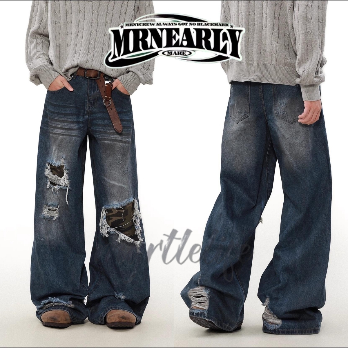 MR NEARLY★street patched hole camouflage denim MR7