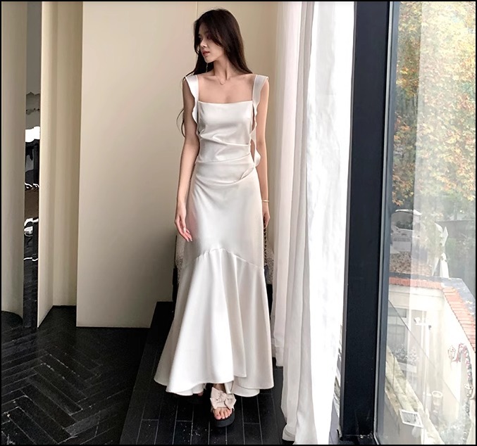 フィッシュテールワンピース スリム ロング丈 サテン お呼ばれ
