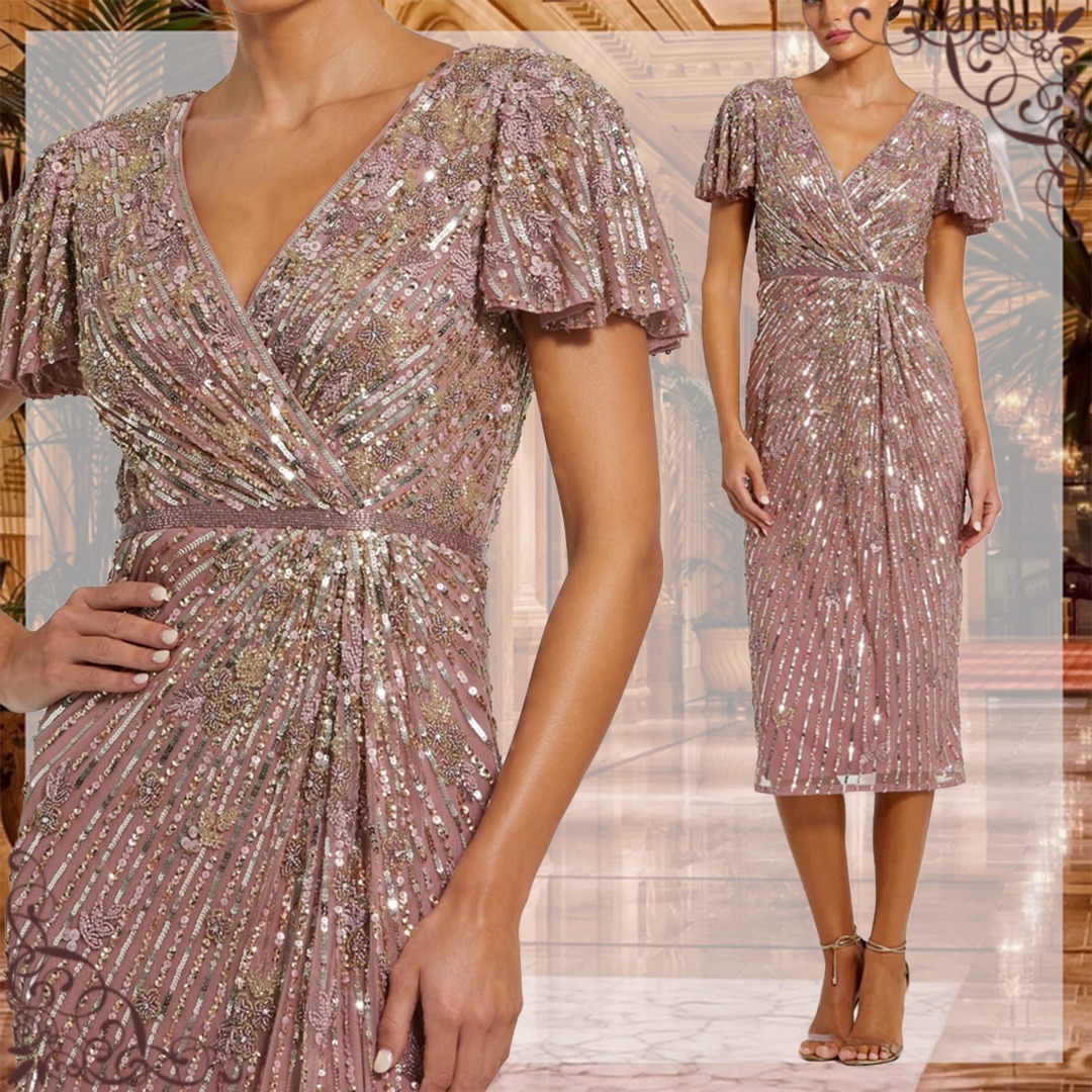 送料関税込■Mac Duggal■フラッタースリーブ■ミディドレス■