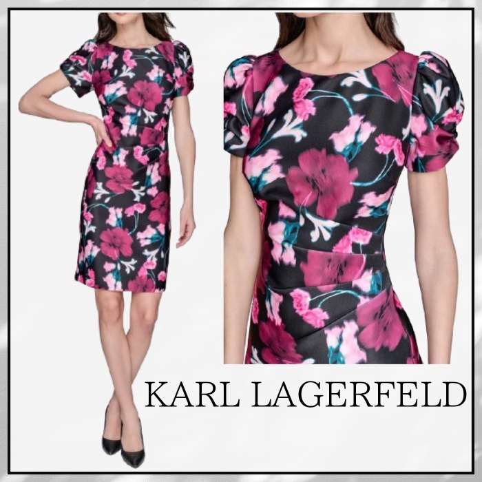KARL LAGERFELD 花柄 パフ袖 シャーリング ワンピース ドレス