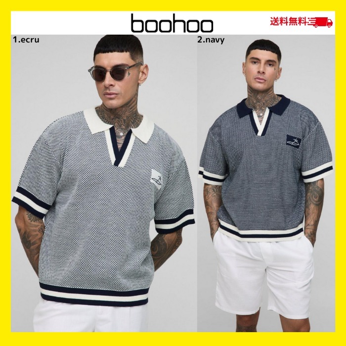 送料無料 boohoo/コントラストエッジ オープンニット ポロシャツ